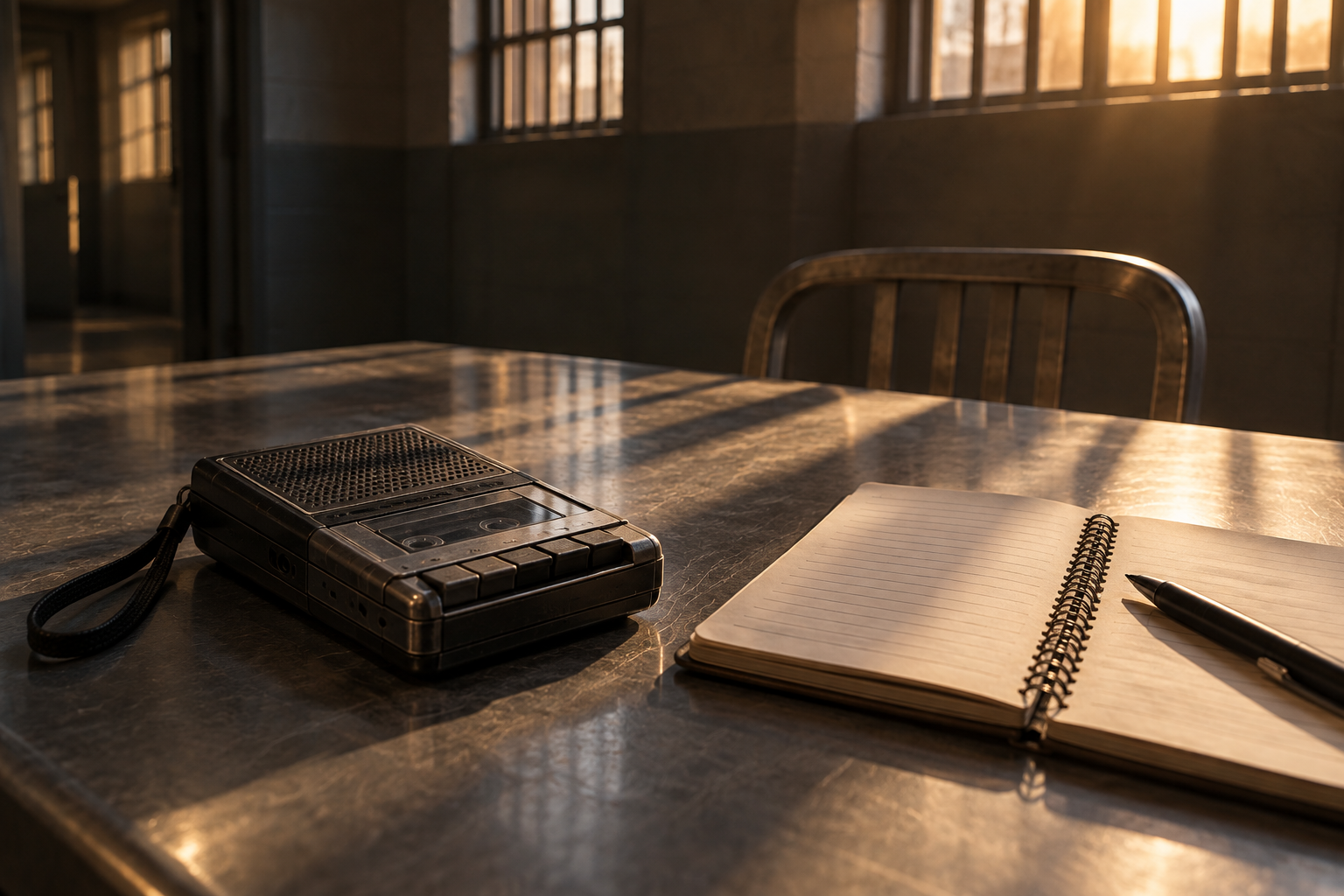 A cassette recorder and reporter's notebook on an interview table in amber light